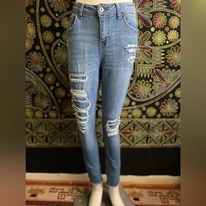 Mid-Rise Patched Distressed Skinny Jeans, Size 11 NOBO